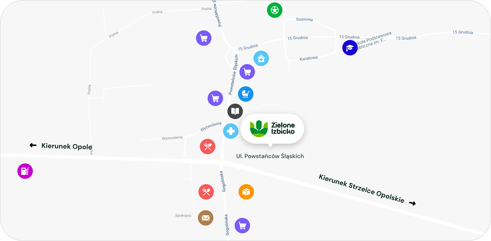 Mapa okolicy Izbicka z naniesionymi punktami POI
